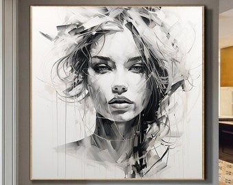 Abstract Black And White Face oil Painting,Black art Woman Face Artwork Acrylic Abstract Oil Painting Black White Wall Art,home decor