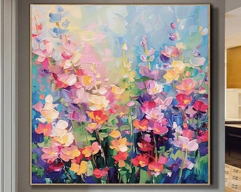 May include: Abstract painting of a field of colorful flowers in shades of pink, purple, yellow, and blue. The flowers are painted with thick brushstrokes and a textured style.