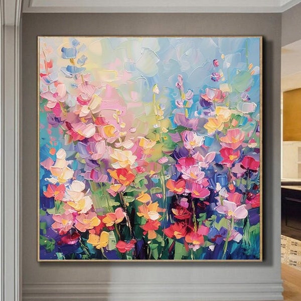 Original Colorful Floral Landscape Art,Abstract Blossom Flower Oil Painting On Canvas, Large Wall Art, Custom Painting Living Room Decor