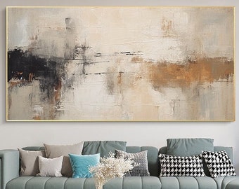 Arte de parede abstrata bege e preta minimalista, pintura bege minimalista em tela, presentes personalizados Grande pintura vertical em tela a óleo e acrílico