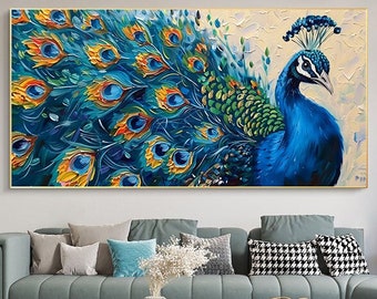 孔雀の油絵 鳥 オリジナルアート 素朴な動物 3D 厚いテクスチャ