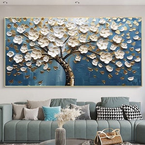 Art mural paysage de fleurs de cerisier, peinture à l'huile 3D sur toile de fleurs blanches en fleurs, peinture moderne au couteau, impressionniste