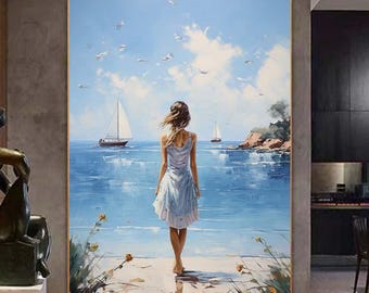 Beautiful Girl Back View Oil Painting Canvas, Original Summer Seaside Scenery Oil Painting Woman Back Modern Minimalist Bedroom Decor Gift