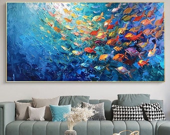 Abstract Blue Sea Painting,Large Original Fish School Oil Painting On Canvas, Canvas Wall Art, Boho Wall Décor, Custom Painting, Home Decor