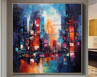 Paisaje de horizonte colorido, pintura al óleo original de paisaje urbano abstracto colorido sobre lienzo, decoración de pared moderna para sala de estar, arte de pared texturizado grande