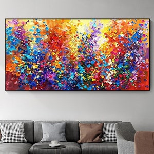 May include: Abstract painting with a colorful, textured design. The painting features a variety of colors, including red, orange, yellow, green, blue, purple, and pink. The paint is applied in a thick, impasto style, creating a three-dimensional effect.