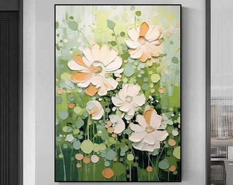 Peinture à l'huile de fleur abstraite sur toile, toile d'art mural surdimensionnée, art floral vert minimaliste original, peinture personnalisée, décoration murale bohème