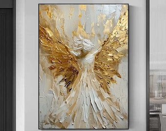 Gold Leaf,Gold Wings,White Angel,Original large oil painting Angel oil painting Textured Painting,Acrylic Abstract Oil Painting,home decor
