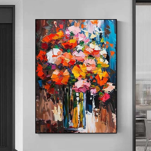 Colorful Flower Canvas Oil Painting, 100% Hand Painted Textured Knife Painting, Blooming Flower Living Room Wall Decor Painting Gift For Her