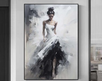May include: A painting of a woman in a white dress with a black underskirt. The woman is standing in a white room with a gray background. The painting is done in a loose, impressionistic style.