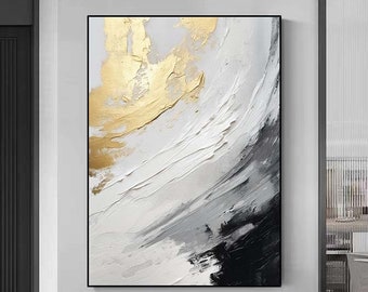 Black and White Texture Wall Art Gold Abstract Painting on Canvas Minimalist abstract Painting Wall Decor Contemporary Abstract Wall Art