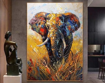 Abstract Colorful Elephant Oil Painting on Canvas,Couple Acrylic Painting Modern Colorful Animal Art Custom Living Room Home Decor Wall Art