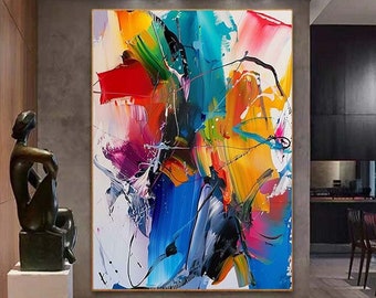 grote muur kunst abstract, kleurrijke acryl canvas kunst, grote canvas kunst voor de woonkamer, oversized muur kunst canvas, kleurrijk handgemaakt schilderij,