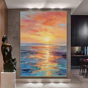 Golden sky Sunset ocean painting Ocean painting,Large abstract painting,Sunshine Sky Sea Painting,Original canvas Abstract Wall Art,