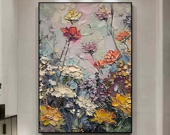 Colorful Flowers Painting On Canvas Original Framed Flower Textured Wall Art Floral Wall Decor Living Room Wall Art Calming Painting