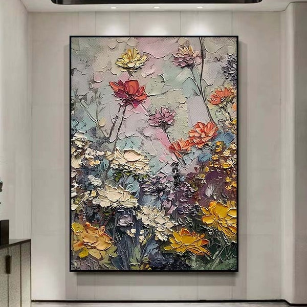 Colorful Flowers Painting On Canvas Original Framed Flower Textured Wall Art Floral Wall Decor Living Room Wall Art Calming Painting