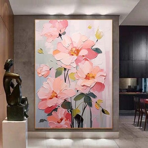 Abstract Pink Flower Oil Painting on Canvas,Extra Large Wall Art, Original Pink Floral Art,Custom Painting,Boho Wall Decor Living Room