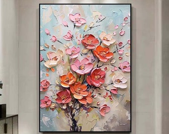 キャンバスに描かれた抽象的な花の油絵、大きな壁アート、モダンな厚手