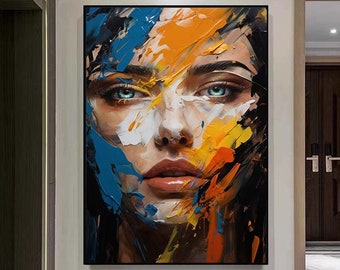 Pintura a óleo facial abstrata colorida, pintura de rosto texturizado de menina, arte de parede figurativa, pintura a óleo original, pintura decorativa, arte de quarto