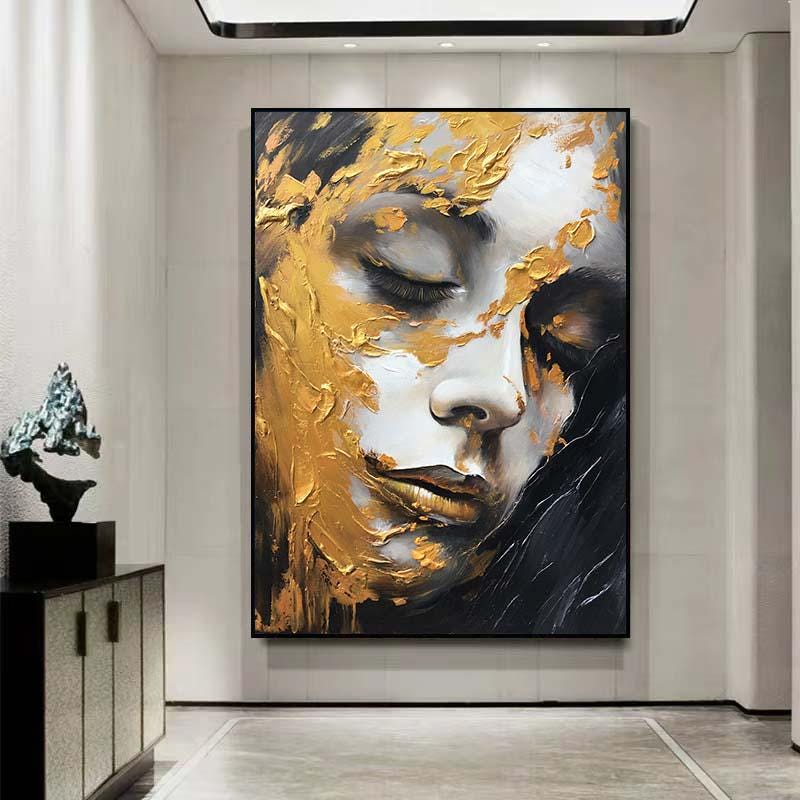 抽象的な金色の質感のある肖像画、金と黒の色の油絵、質感のある絵画