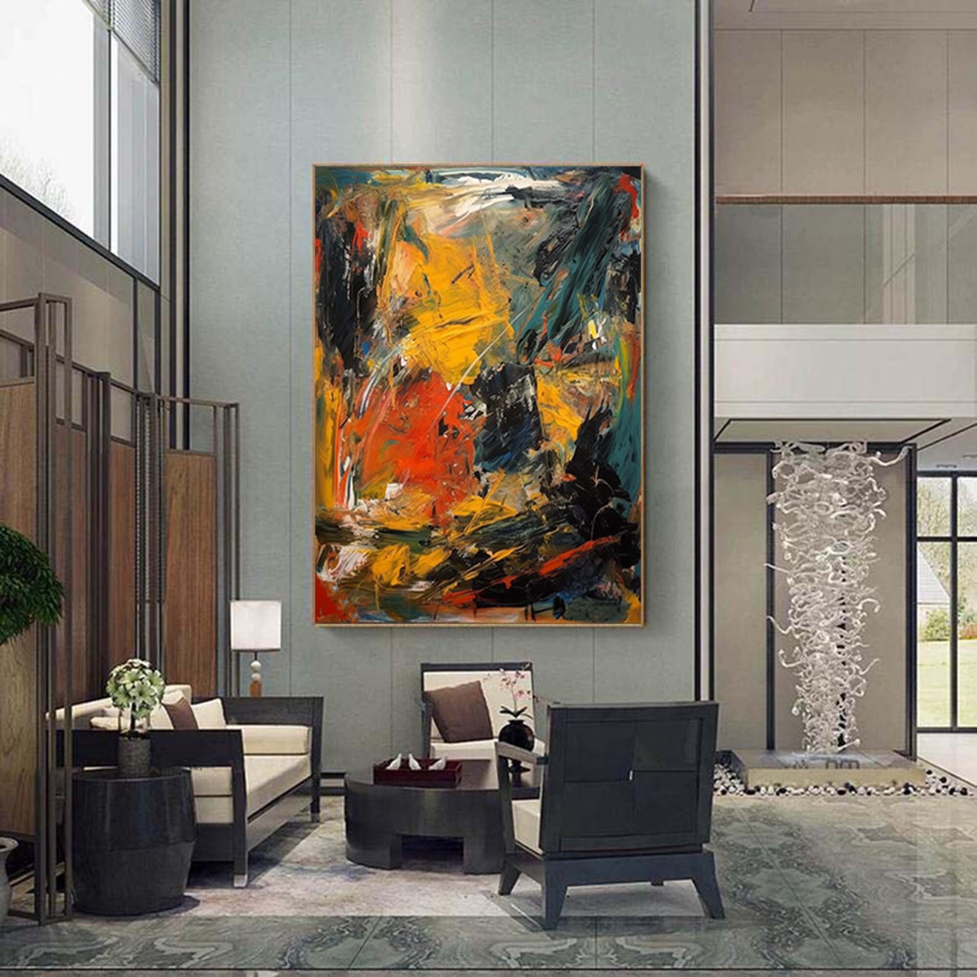 大きな黄色の抽象画、オリジナルのオレンジ色の抽象画、現代アート