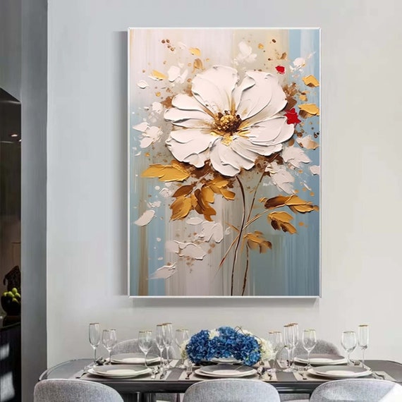 キャンバスに描かれた大きな抽象的な花の油絵、オリジナルのテクスチャ