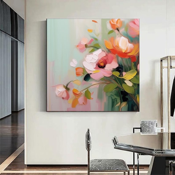 抽象的な花の咲く絵画、キャンバスに描かれた大きなオリジナルの花の