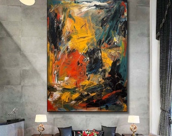 大きな黄色の抽象画、オリジナルのオレンジ色の抽象画、現代アート