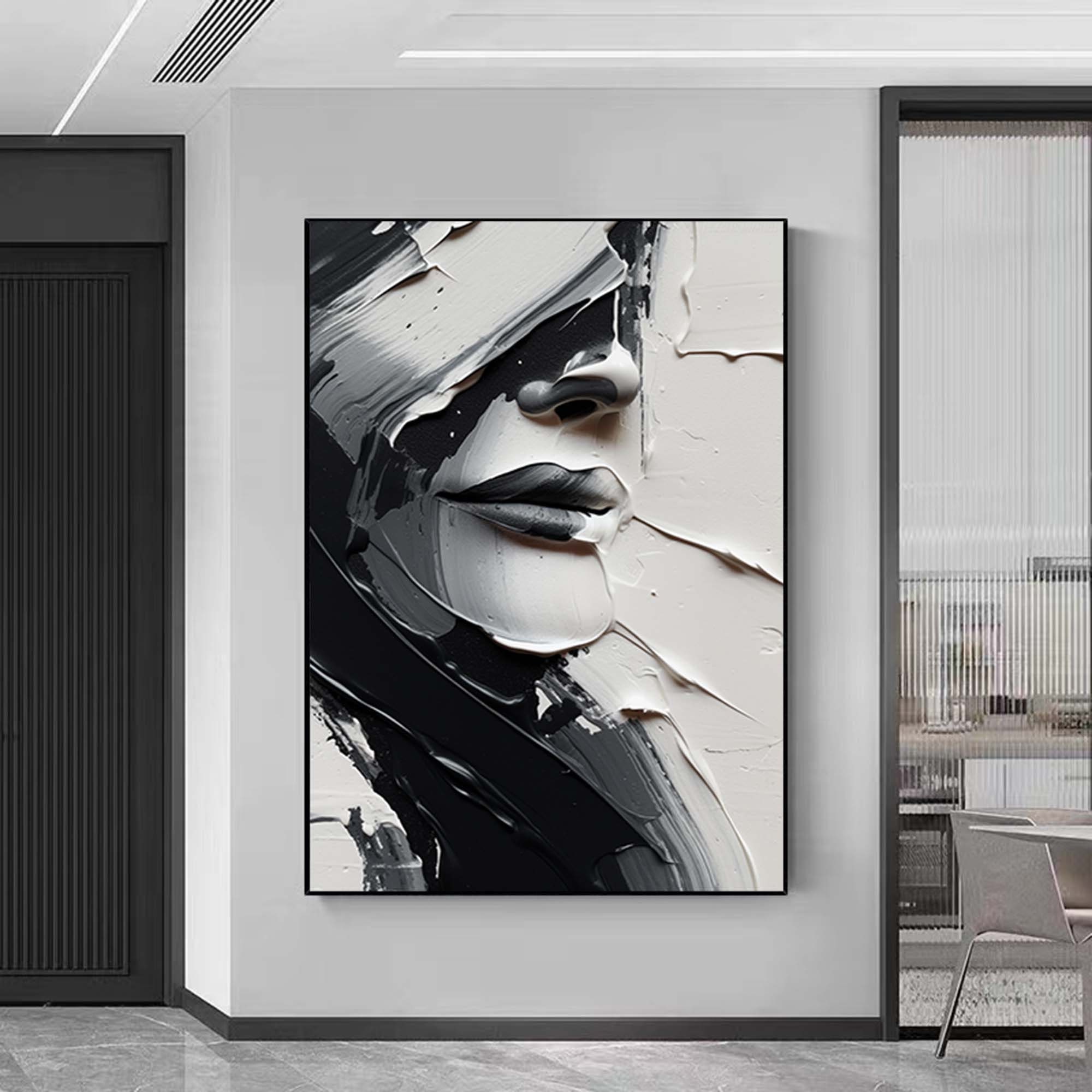 【返品交換不可】 Face White and Black Abstract Oil Wall White Black Painting, 小物
