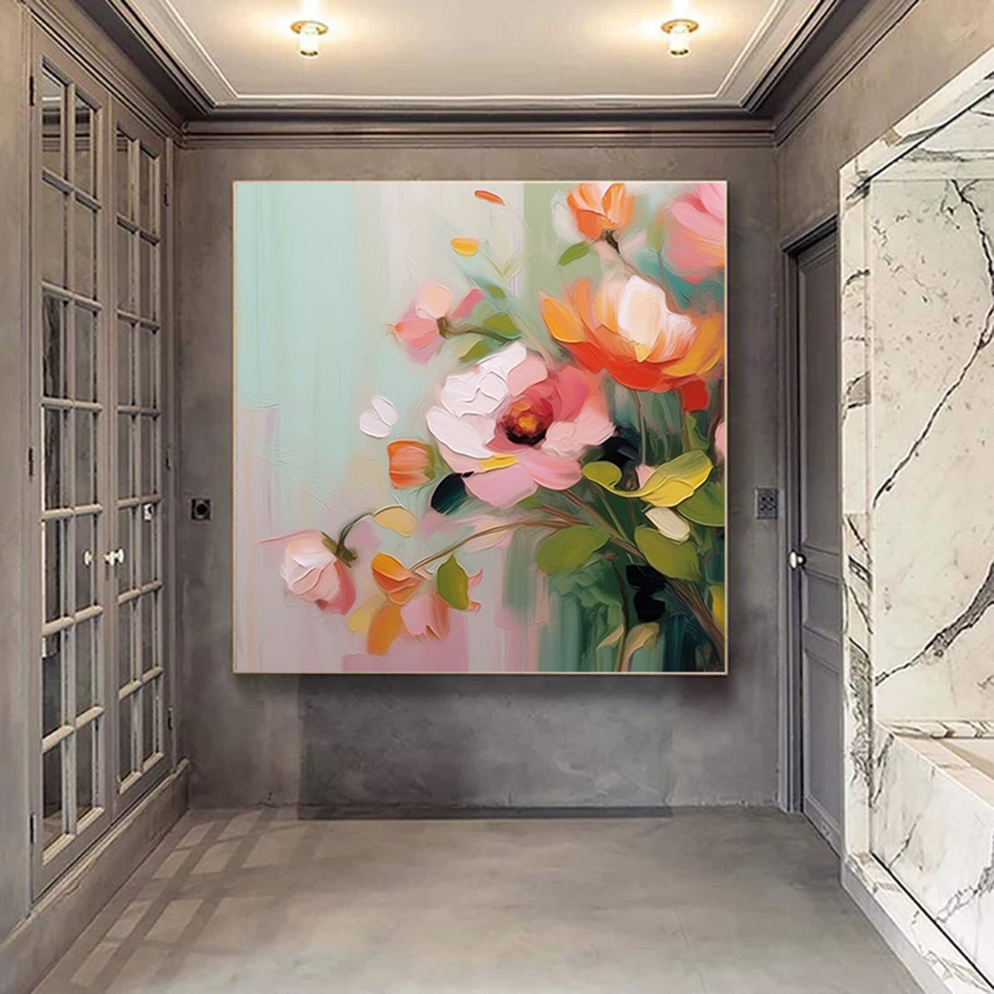 抽象的な花の咲く絵画、キャンバスに描かれた大きなオリジナルの花の
