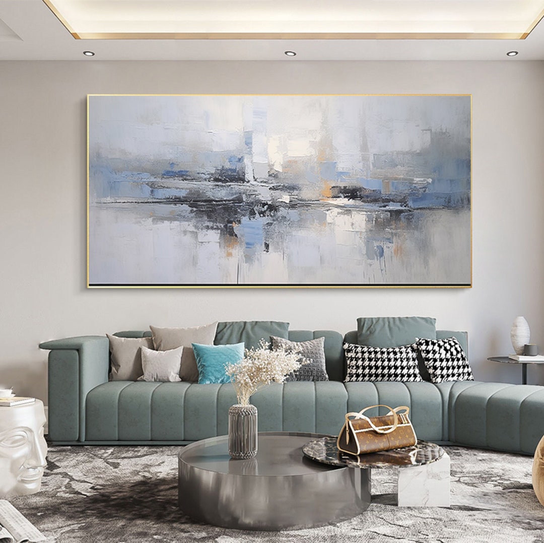 Blue and Gray Canvas Art Oversized Painting Gray Abstract Painting