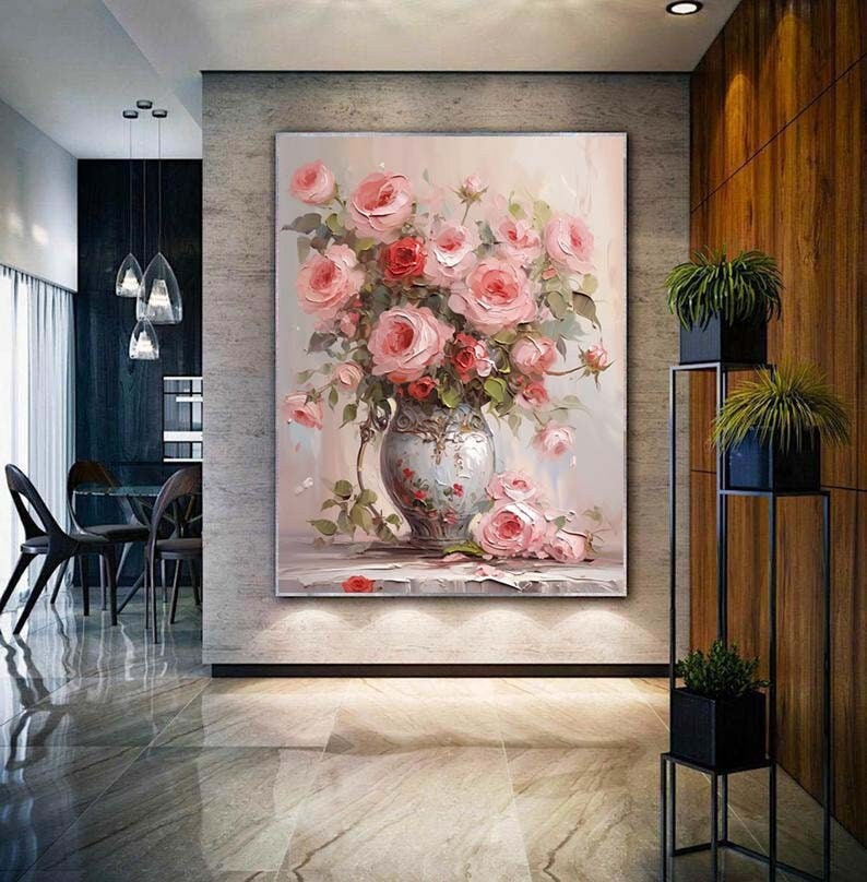 キャンバスに描かれた抽象的なピンクのバラの油絵、オリジナルの咲く花
