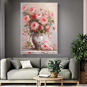 Abstract Pink Rose Oil Painting on Canvas, Original Blooming Flower ...