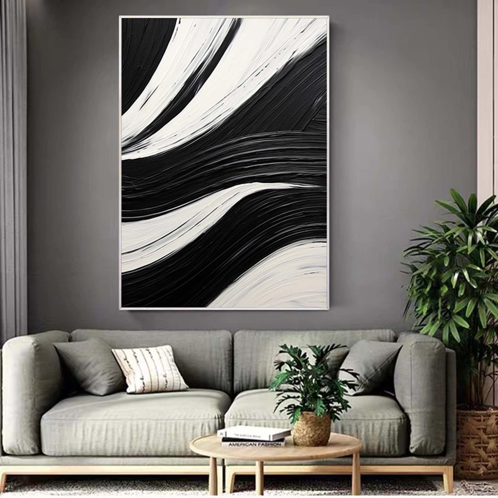 Minimalist Black and White Abstract Oil Painting Black and White Wall ...