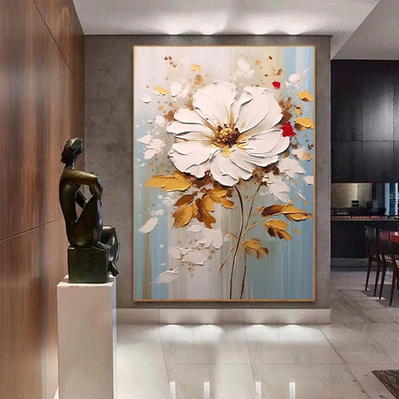 キャンバスに描かれた大きな抽象的な花の油絵、オリジナルのテクスチャ