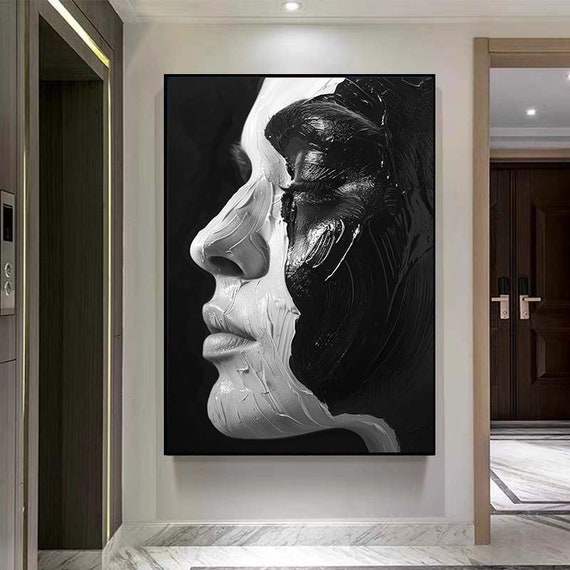 黒と白の顔の3D油絵抽象的な黒と白の顔の油絵、黒と白の壁アート