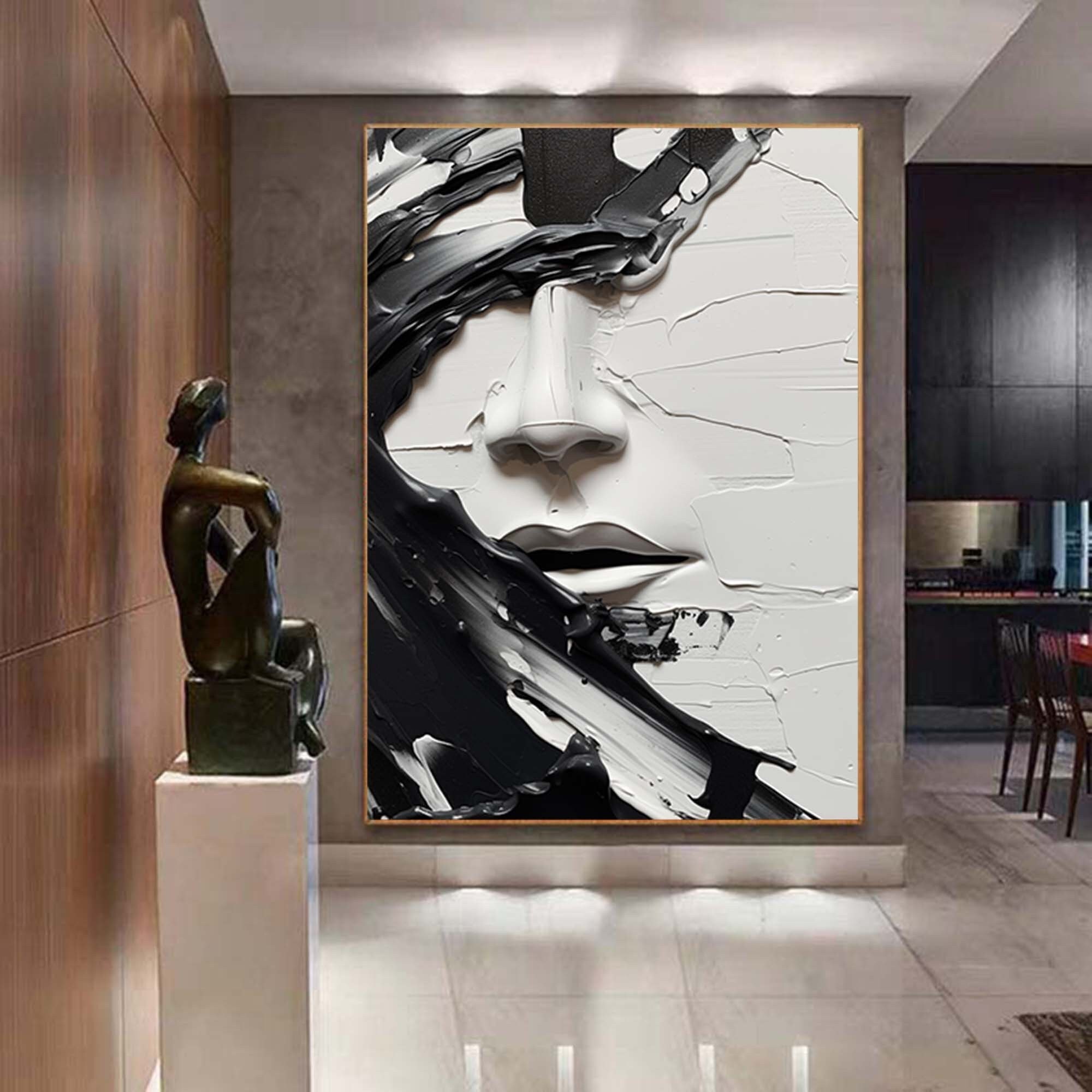 Abstract Black and White Face Oil Painting,black White Wall Art, Large ...