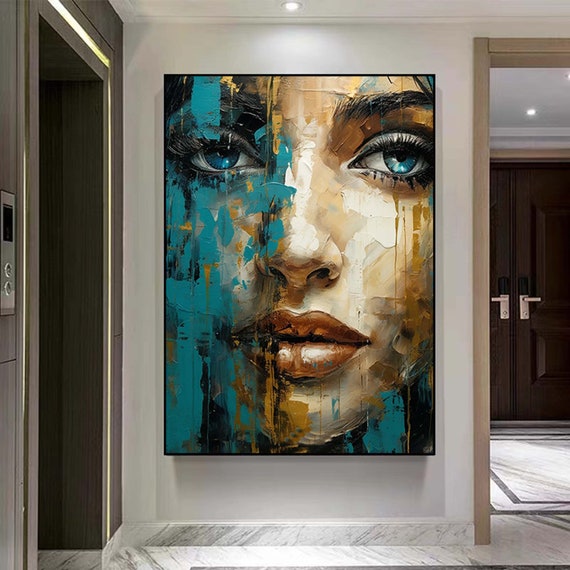 Abstract Lady Painting Framed Blue and Beige Woman Painting Woman