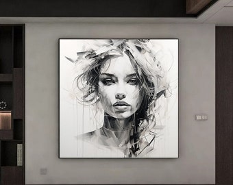 抽象的な黒と白の顔の油絵、黒のアート女性の顔のアートワークアクリル