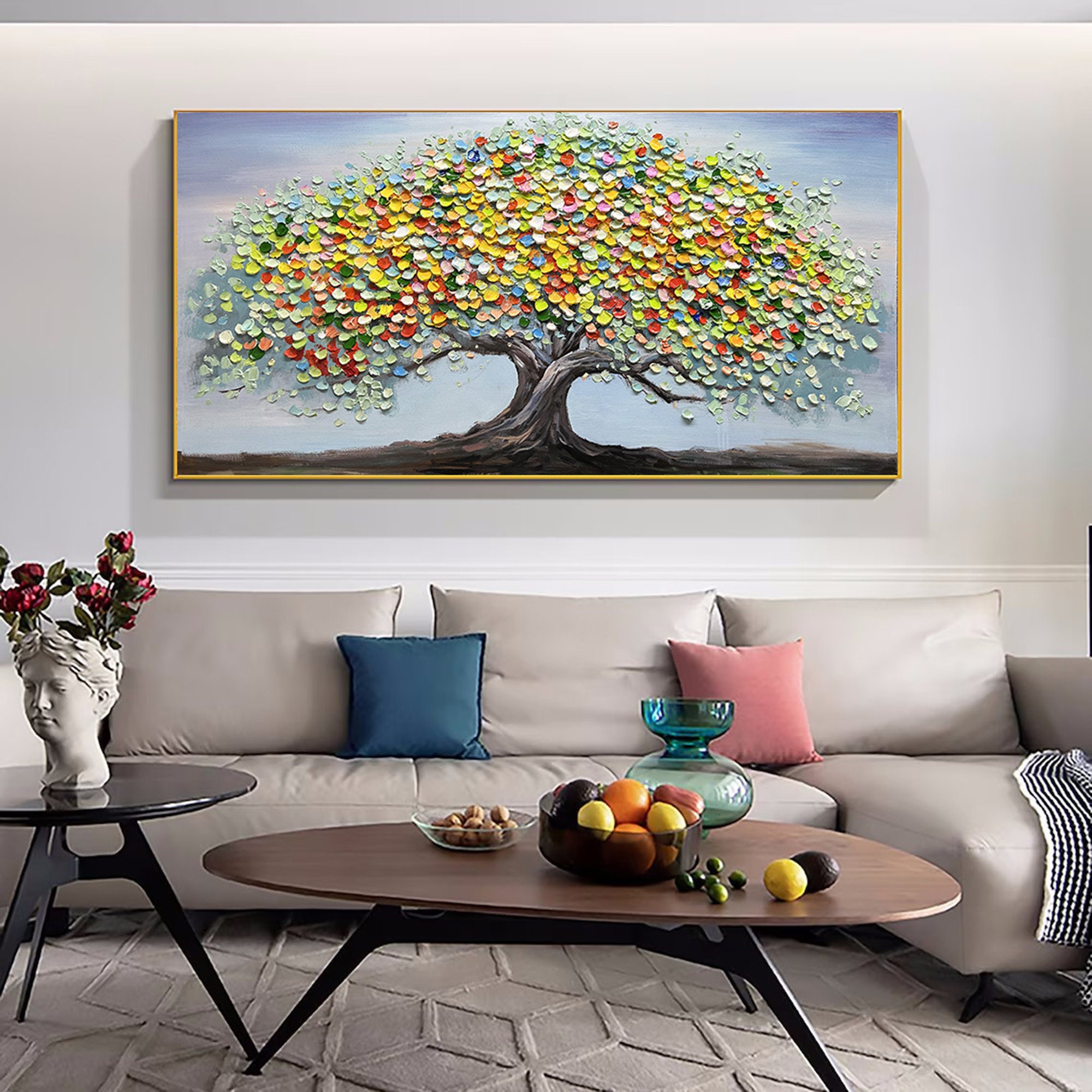 Original Tree Painting on Canvas, Large Abstract Gold Gray Big