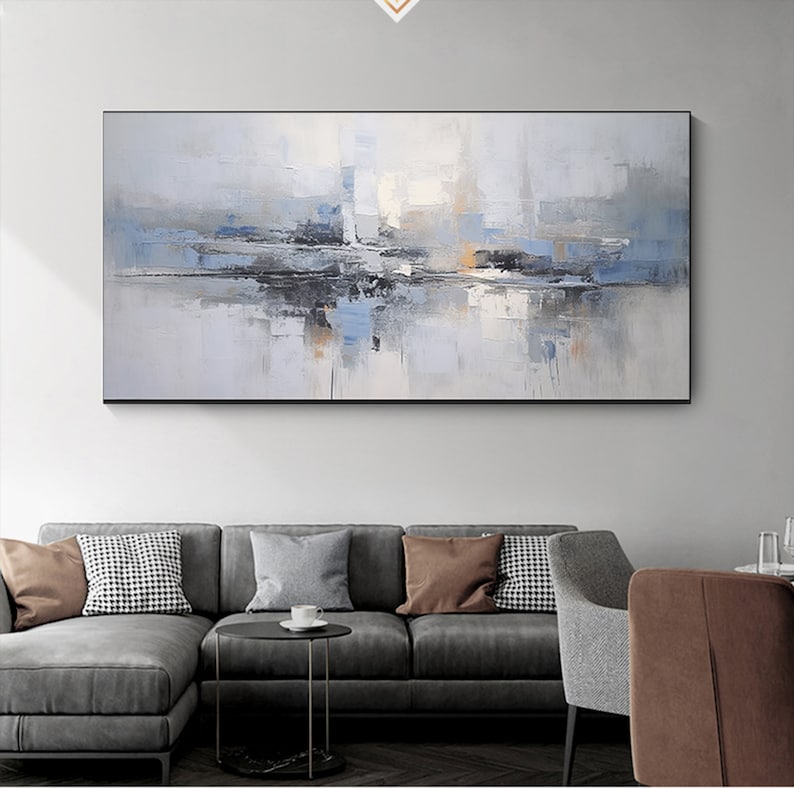 Blue and Gray Canvas Art Oversized Painting Gray Abstract Painting ...