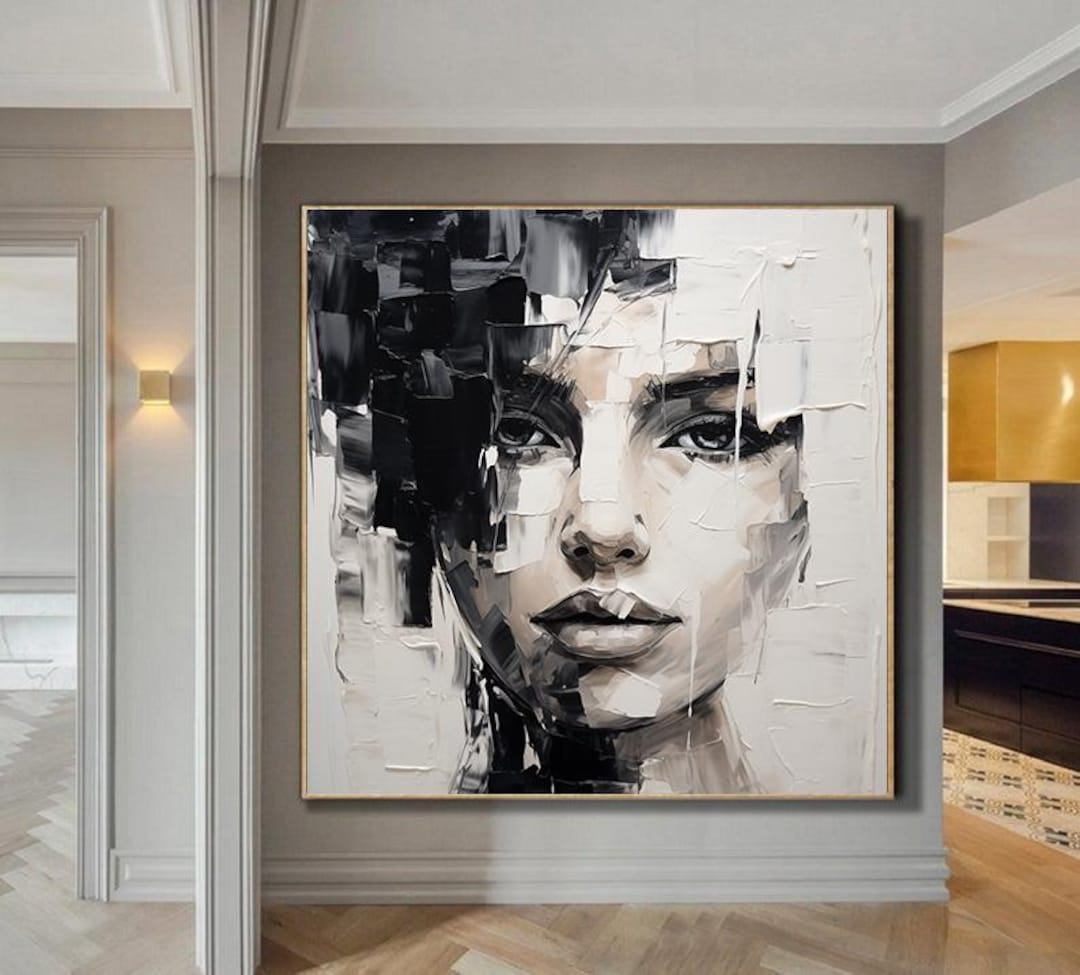 Abstract Black and White Face Oil Painting,brown Art Woman Face Artwork ...