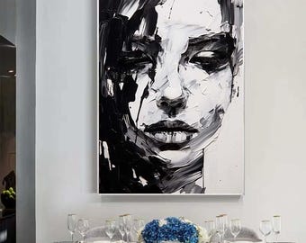 大きな白黒絵画 キャンバスに描かれたオリジナルの女性画 白黒の女性の