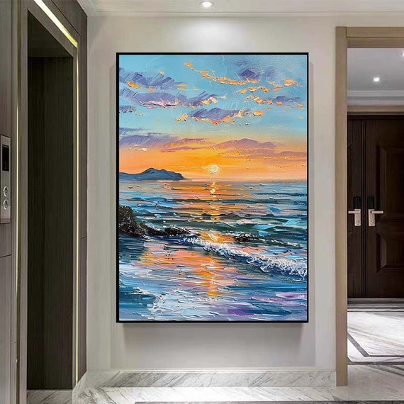 オリジナルのカラフルな海の絵画、キャンバスに描かれた大きな抽象的な