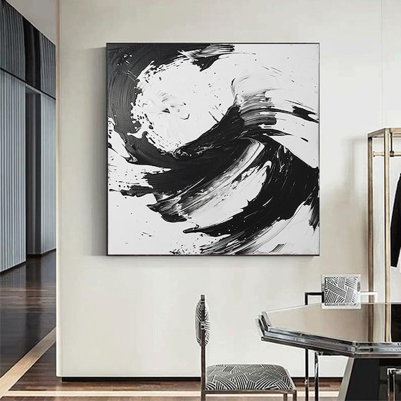 黒と白の抽象画 黒と白のテクスチャ壁アート 黒のテクスチャキャンバス