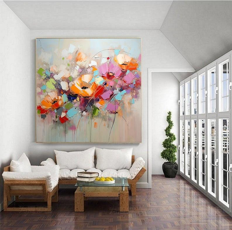 キャンバスに描かれた抽象的な花の油絵：カラフルな花のアート