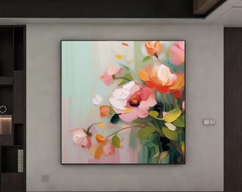 抽象的な花の咲く絵画、キャンバスに描かれた大きなオリジナルの花の