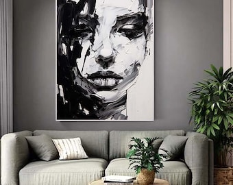 大きな白黒絵画 キャンバスに描かれたオリジナルの女性画 白黒の女性の