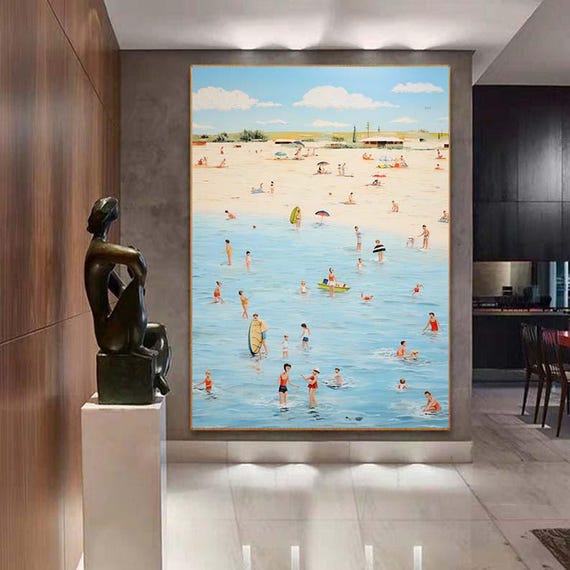 油絵 「ビーチ 」 F6キャンパスに描写 キャンバスに描かれたオリジナルのビーチ油絵、抽象的な夏の海辺の絵画