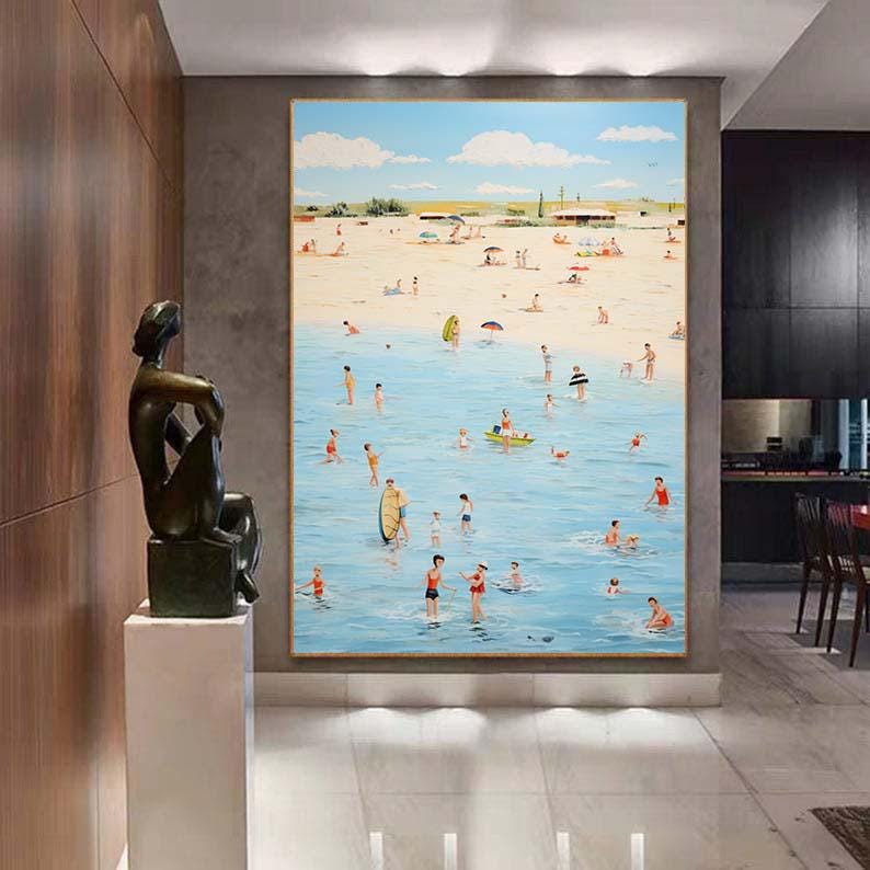キャンバスに描かれたオリジナルのビーチ油絵、抽象的な夏の海辺の絵画